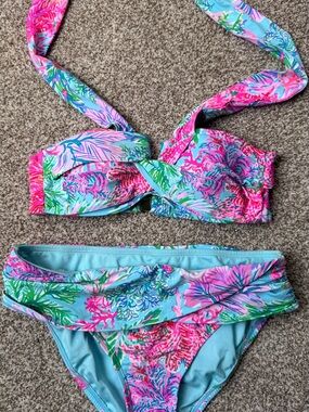 Lilly Pulitzer Pink Aqua & Green Tropical Print womens Two-Piece Swimsuit